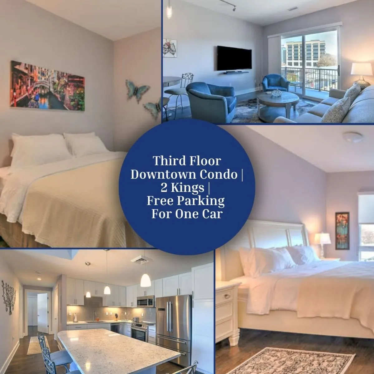 The image showcases a stylish, open-concept condo interior featuring a plush king-sized bed, a sleek modern kitchen, a welcoming seating area with cozy furnishings, and vibrant decorative artwork. Natural light streams in, hinting at city views and creating a warm, inviting atmosphere.